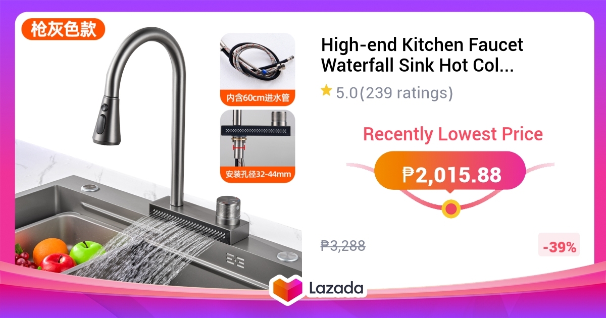 View of High-end Kitchen Faucet Waterfall Sink Hot Cold Water Tap Single Hole ...