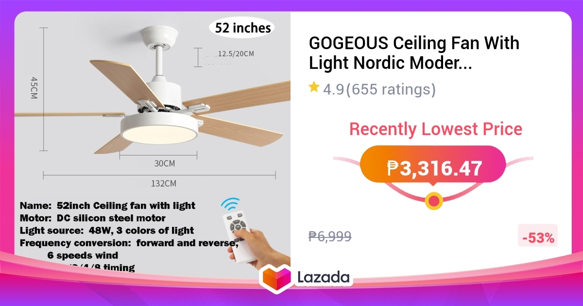 GOGEOUS Ceiling Fan With Light Nordic Modern Chandelier 42/48/52 Inch ...