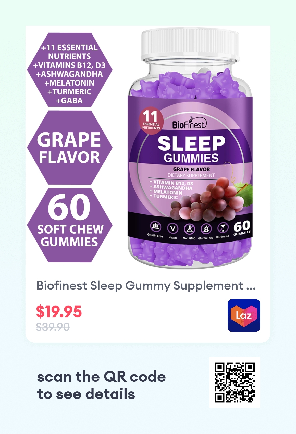 Biofinest Sleep Gummy Supplement Melatonin Ashwagandha GABA Chamomile LTheanine Turmeric