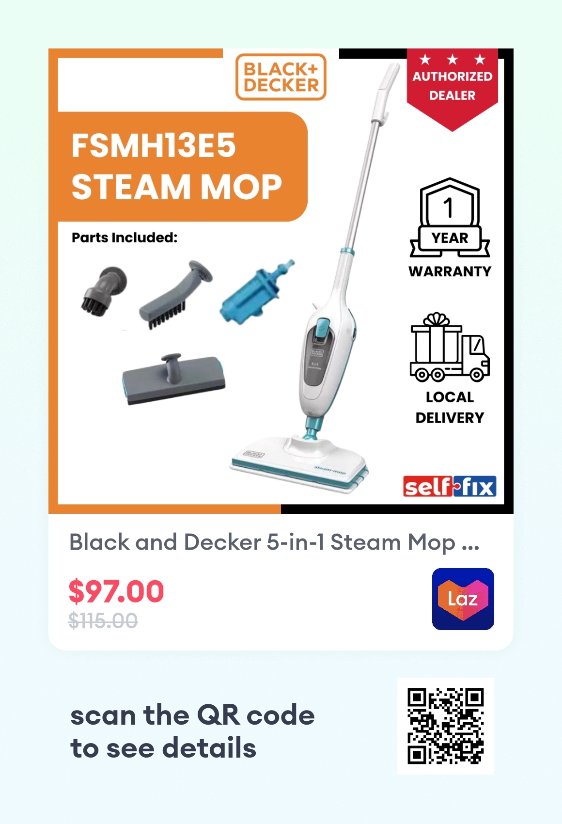 Black and Decker 5in1 Steam Mop / Cleaner FSMH13E5 1300W 240V