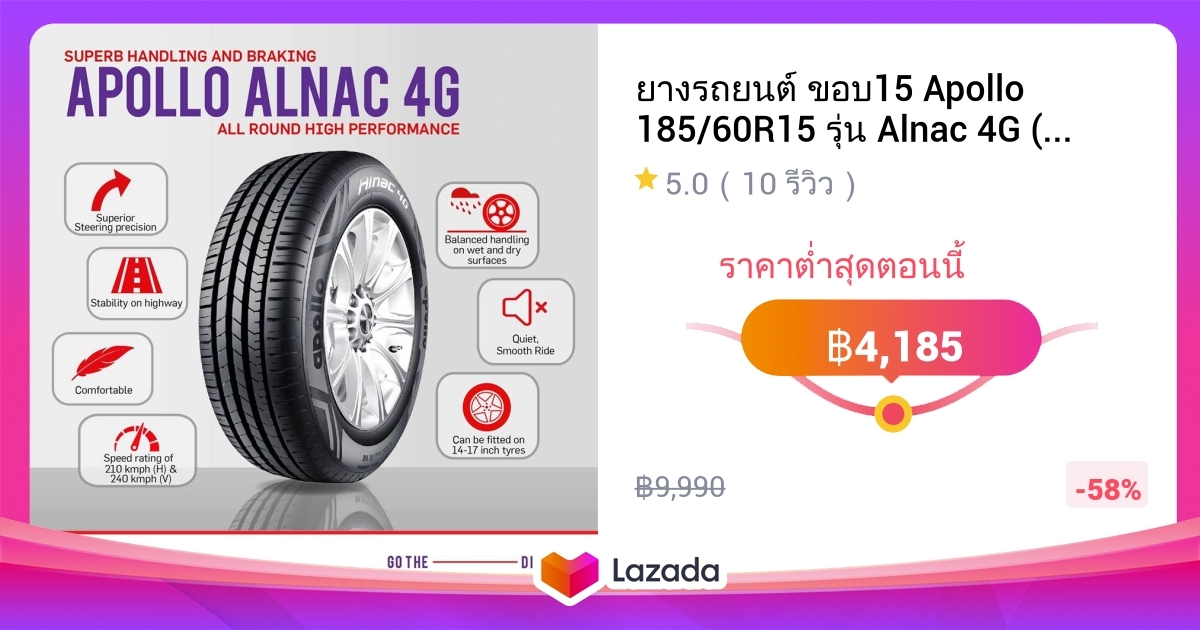 ยางรถยนต์ ขอบ15 Apollo 185/60R15 รุ่น Alnac 4G (4 เส้น) ยางใหม่ปี 2022