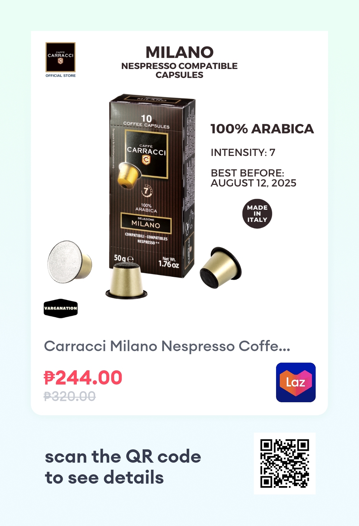 Carracci Milano Nespresso Coffee Capsules 10 Compatible Pods Made in Italy Varganation