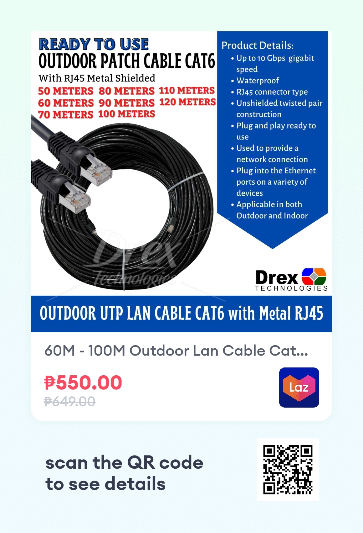 60M 100M Outdoor Lan Cable Cat6 Gigabit UTP Cable Patch Cord Cat6e