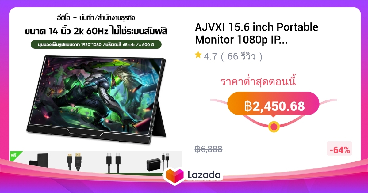 AJVXI 15.6 inch Portable Monitor 1080p IPS Monitor ลำโพงคู่ในตัว HDMI ...