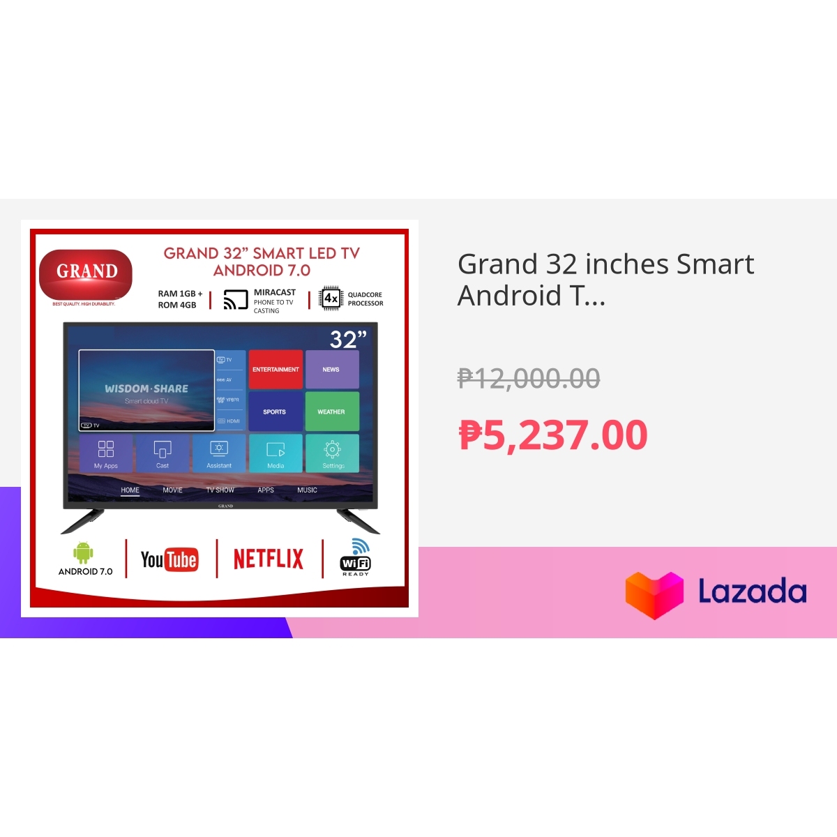 Grand 32 Inches Smart Android TV Android 7 0 WIFI Ready YouTube Ready Grand 32 Inches Smart Android TV Android 7 0 WIFI Ready YouTube Ready