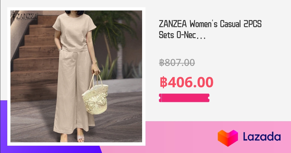 ZANZEA ชุดลำลอง2ชิ้นสำหรับผู้หญิงคอกลมแขนสั้นชุดกางเกงทรงหลวมตรงขากว้าง #15