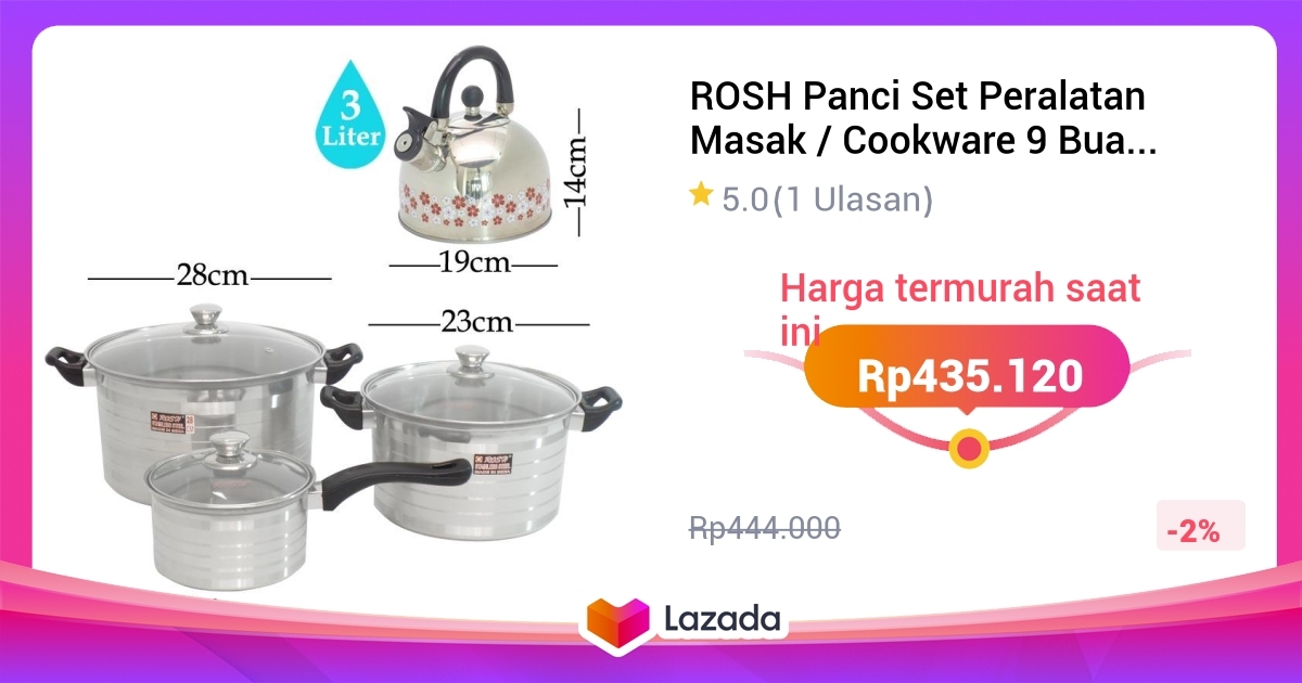 ROSH Panci Set Peralatan Masak / Cookware 9 Buah Stainless Steel Non