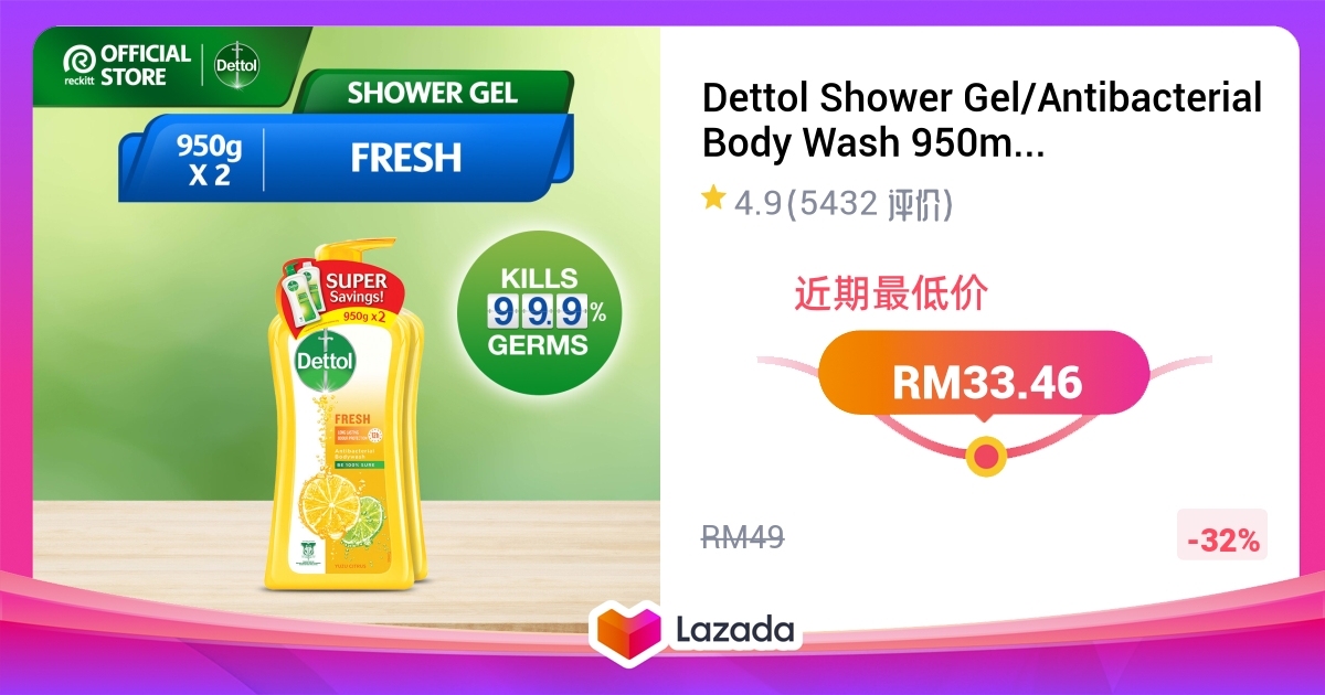 Dettol Shower Gel Antibacterial Body Wash 950ml X2 Twin Pack Original