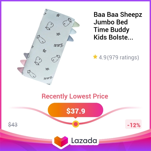 Baa Baa Sheepz Jumbo Bed Time Buddy Kids Bolster Pillow 53cm x 23cm