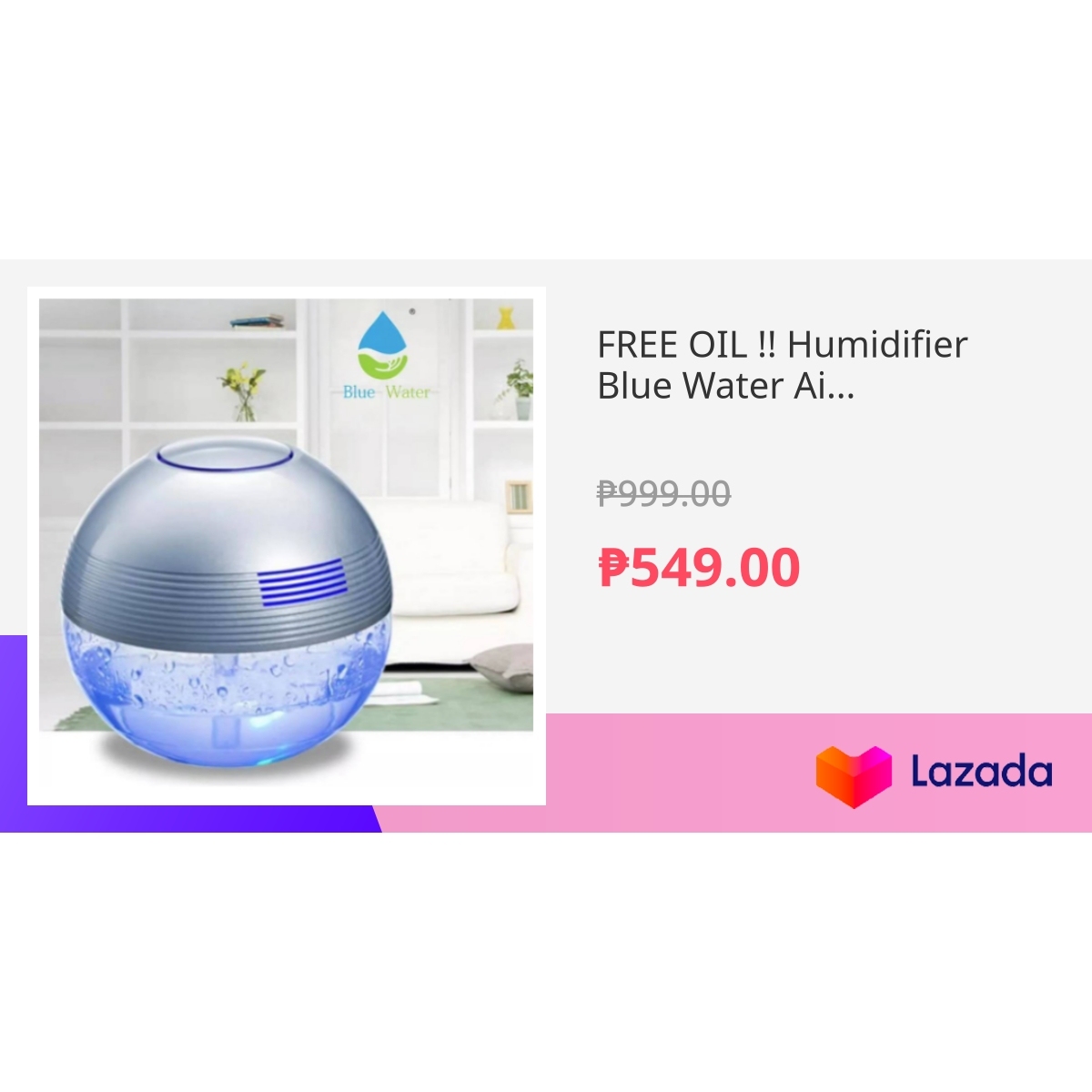 FREE OIL !! Humidifier Blue Water Air Revitalisor Watering Air Purifier