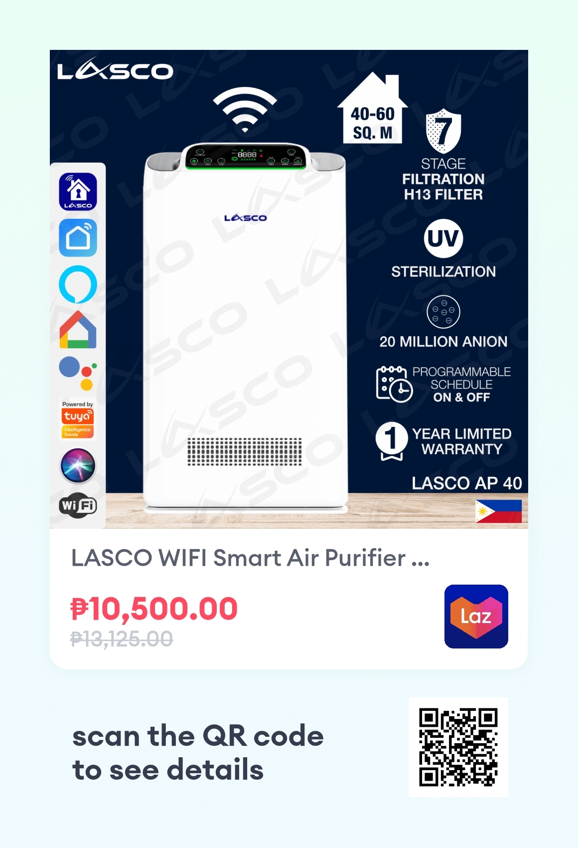 LASCO WIFI Smart Air Purifier 7 Stage AP 40 HEPA Filter, Anti Allergies