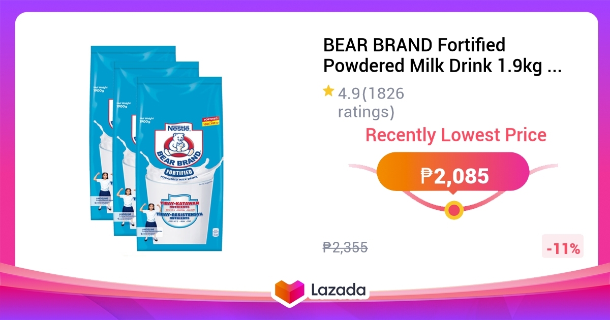 BEAR BRAND Fortified Powdered Milk Drink 1.9kg - Pack of 3 with Bear ...