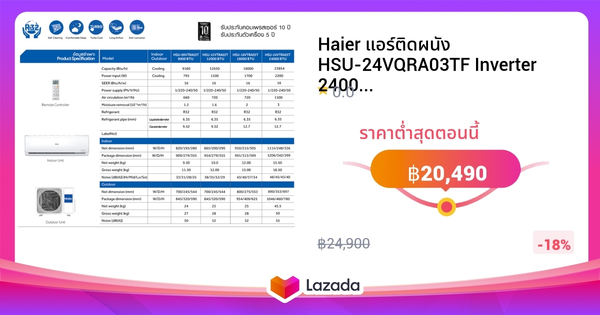 Haier แอร์ติดผนัง HSU-24VQRA03TF Inverter 24000 BTU SEER 16.00 รับ ...