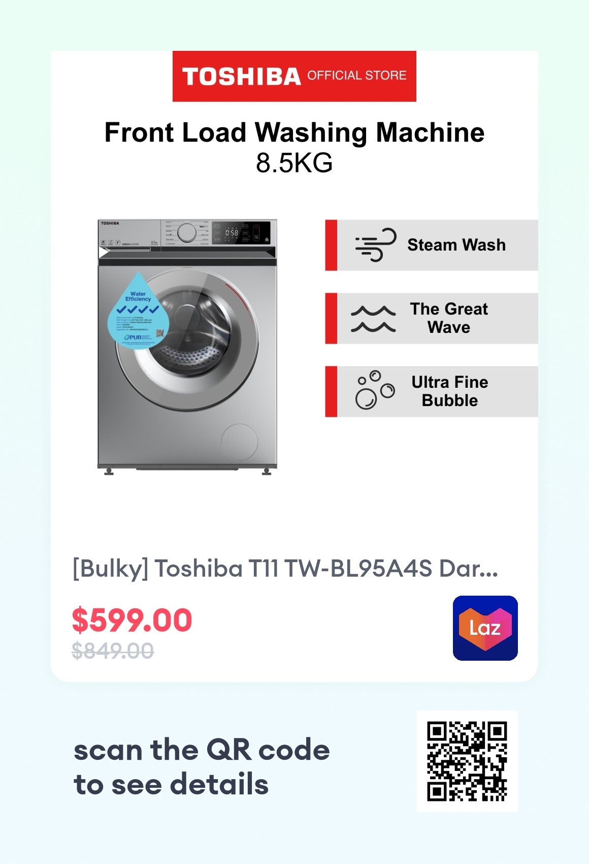 [Bulky] Toshiba T11 TW-BL95A4S Dark Silver Front Load Washing Machine ...