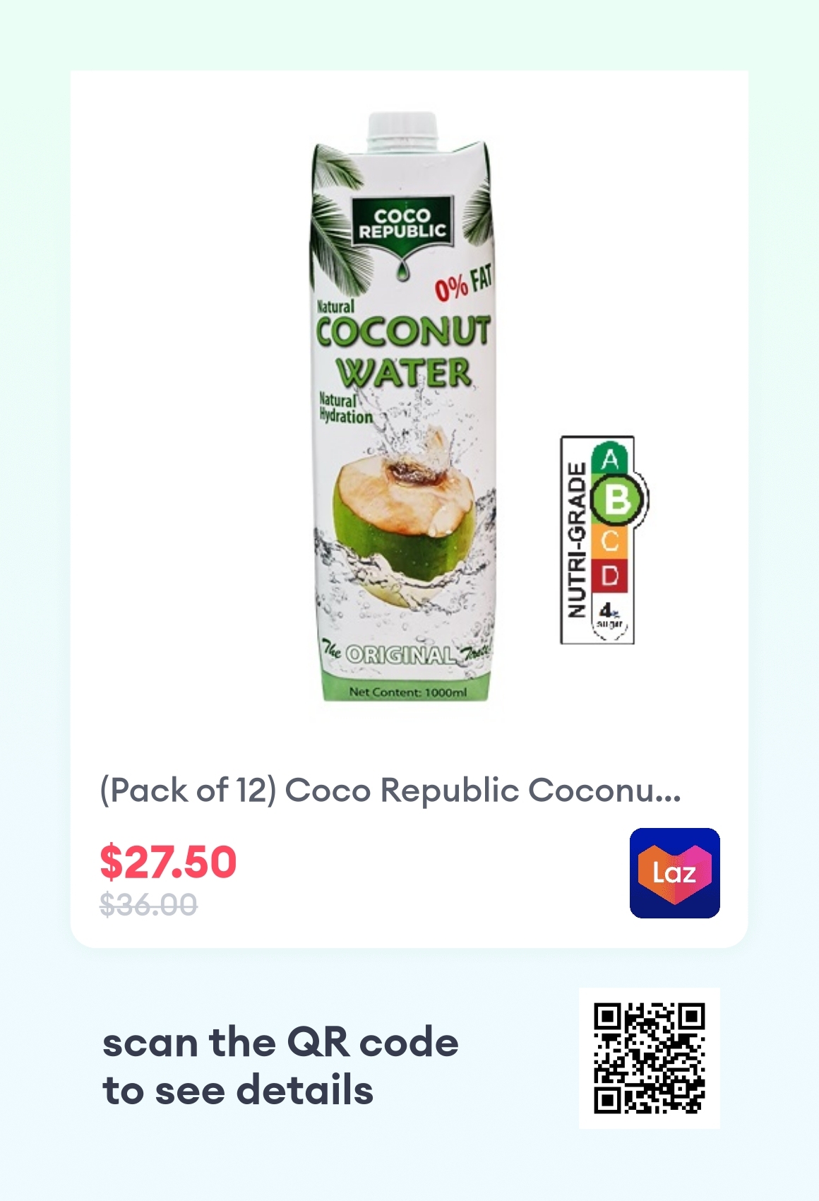 (Pack of 12) Coco Republic Coconut Water Original, 1L