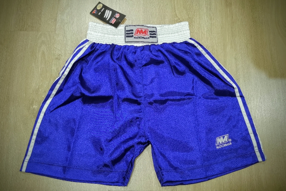 NATIONMAN Muay Thai Kick Boxing MMA Shorts Trunks Satin Blue S-3L