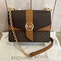 Authentic Michael Kors Greenwich Small Color-Block Logo Print Canvas Saffiano  Leather Women's Crossbody Bag - Brown
