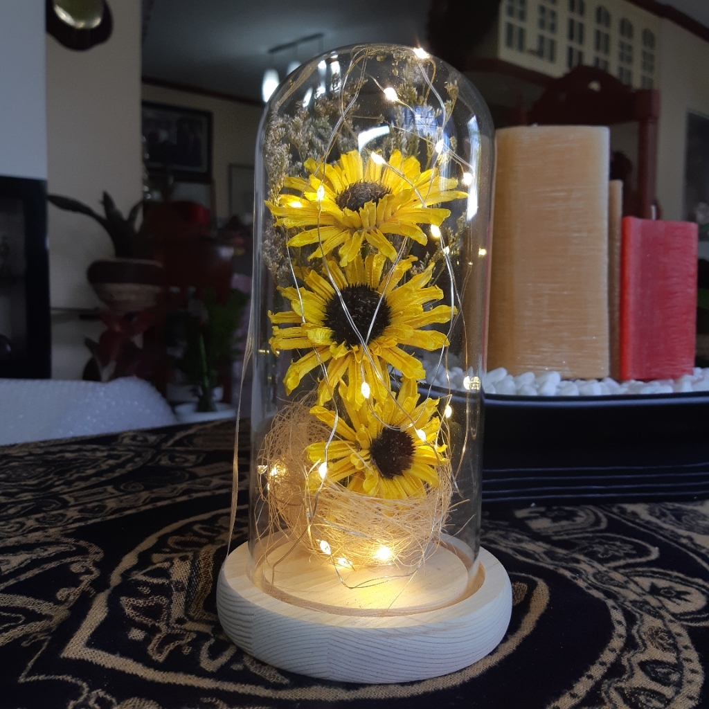Sunflower In Glass Dome, Artificial With Led Light Strip Enchanted