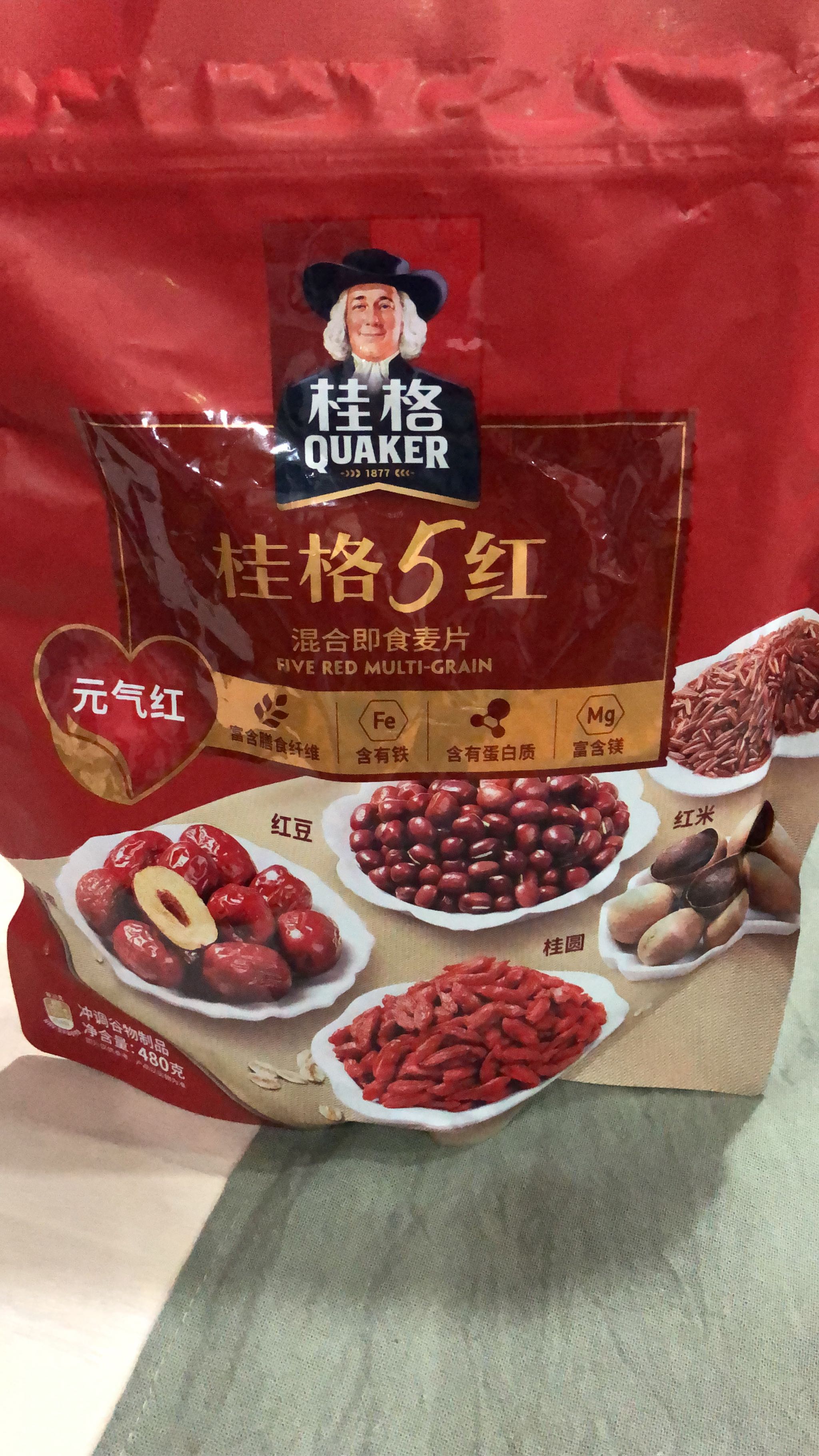 元气红】桂格QUAKER 5红五红麦片混合即食480克*1袋早餐红米枸杞红枣