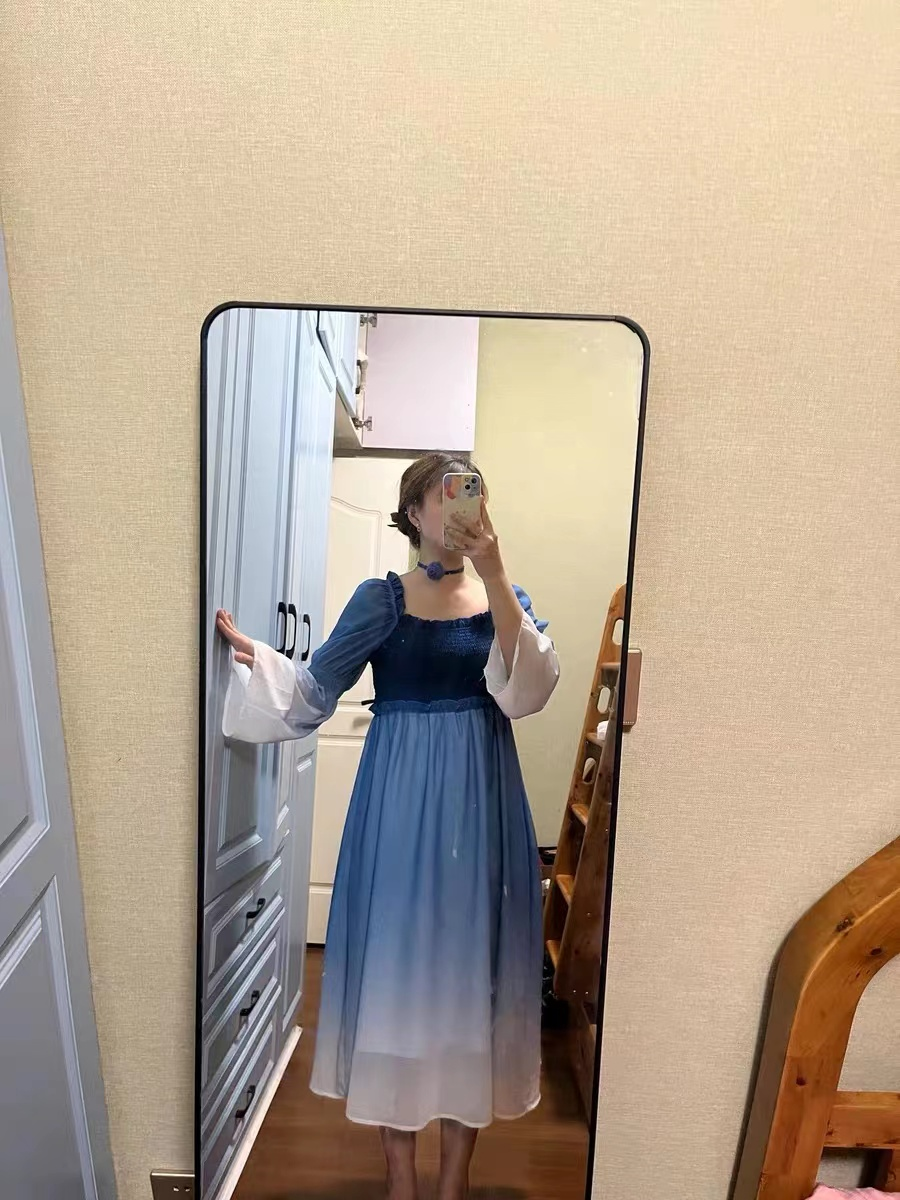 Alisa Sonya Vintage Blue Gradation Dress French Style Square Neckline  Flared Sleeves pagoda sleeves Color Fading Women Dresses | Lazada PH