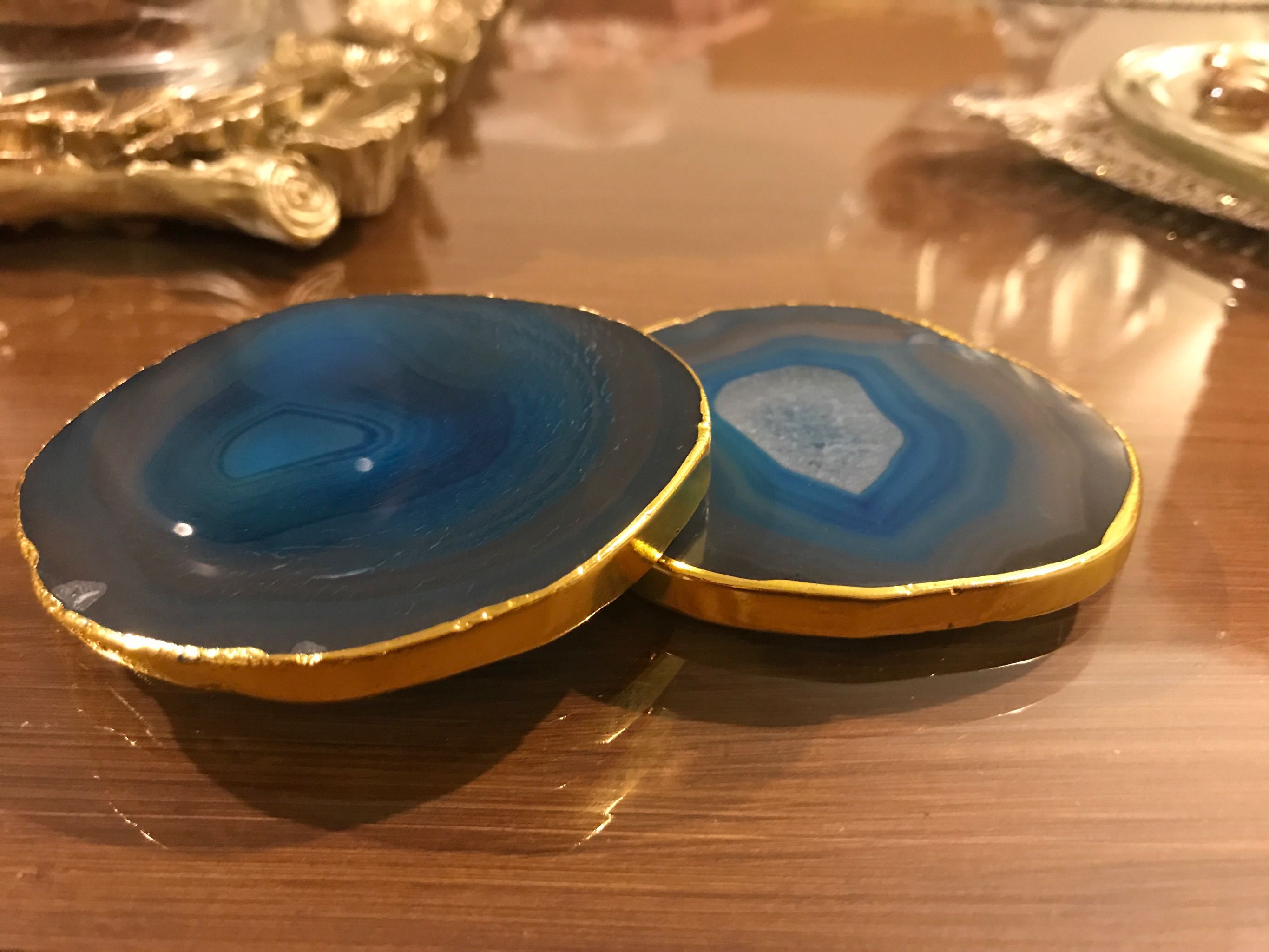  2Pcs Agate Slice Blue Agate Coaster Teacup Tray Decorative Design Stone Coaster Gold Edges Home Decor Gemstone Coaster