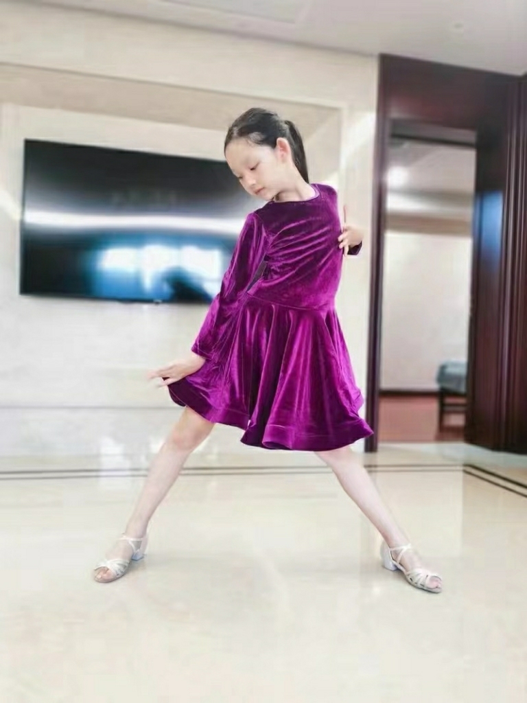 Velvet Long Sleeves Latin Dance Dress For Children Girls