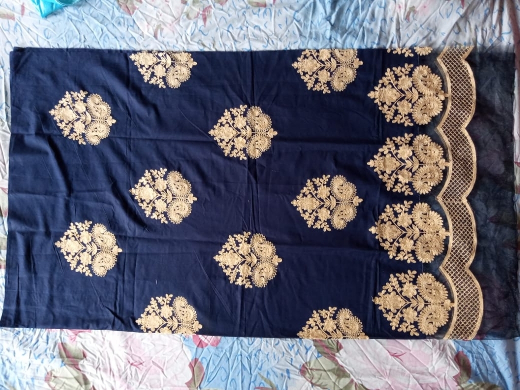  Aari embroider net border shirt along chicken trouser and chiffon dupatta 3pc dress