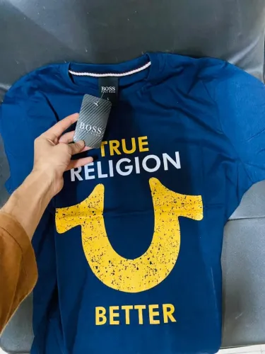 blue and yellow true religion shirt