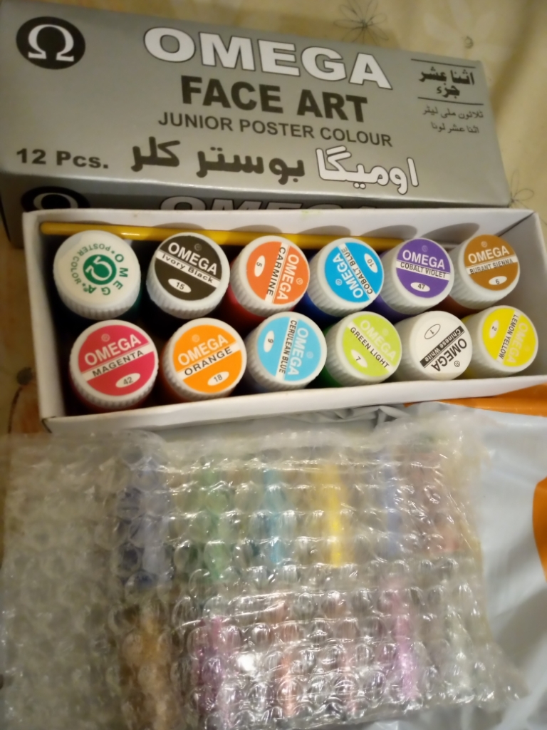  12 Orega Poster Color + 12 Glitter + 1 Paint Brush  Colors - 12 different shades bottles 30cc + 12 Glitter + 1 Paint Brush   Orega Colours