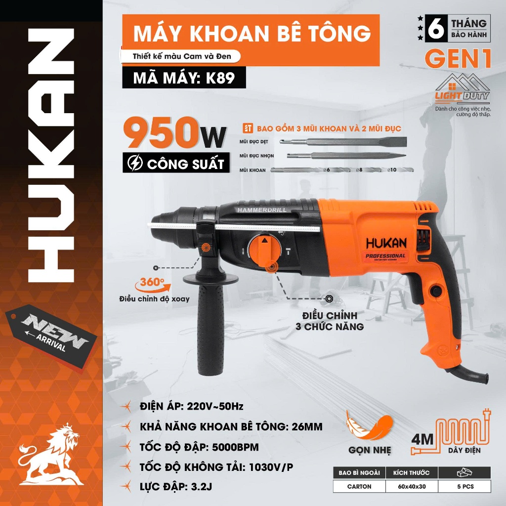 Máy khoan đục bê tông HUKAN K89, Công suất 950w, 3 chức năng - Tặng kèm 3 mũi khoan 2 mũi đục