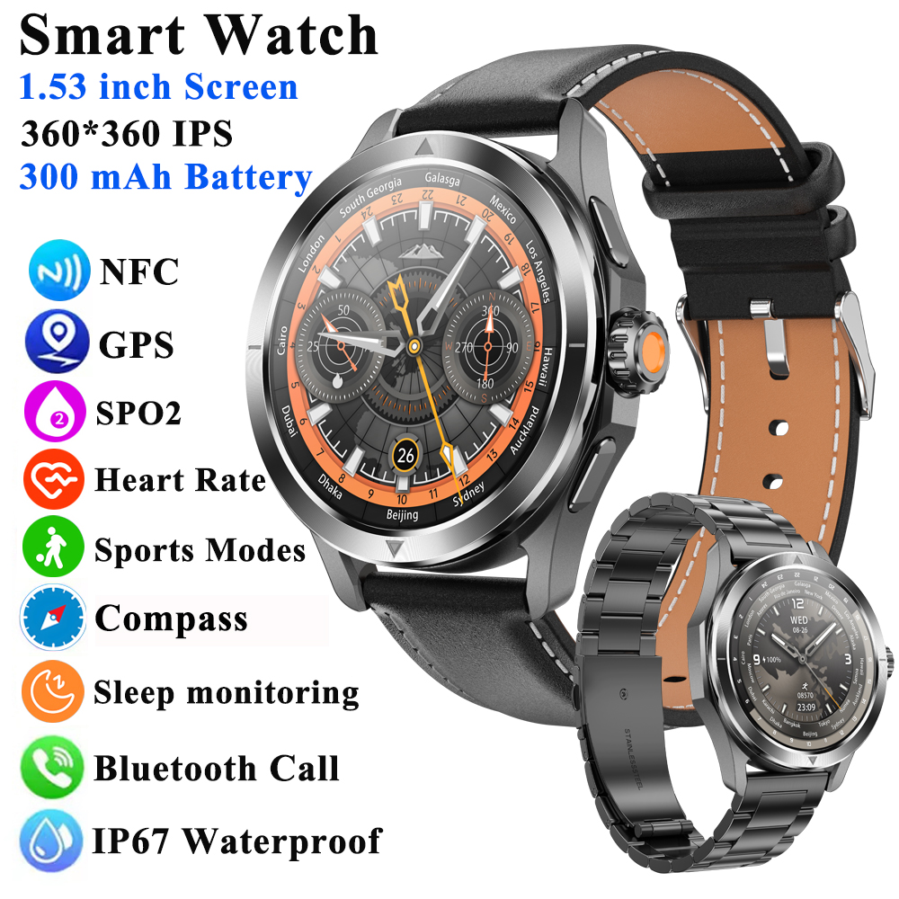 1.53" Outdoor Sports Smart Watch Men NFC GP Compass Heart Rate Blood Oxygen Waterproof Bluetooth Call Smartwatch for IOS Android ราคา 999 บาท*ส่งฟรี