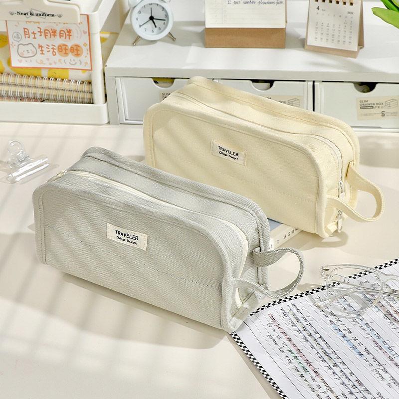 Canvas pencil case with large capacity for girls, simple for middle school boys, pencil case for primary school students, vertical stationery casefff