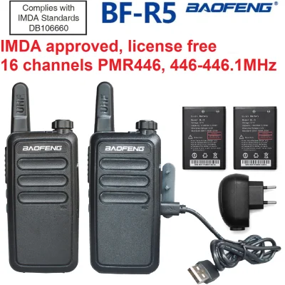 License free, IMDA approved 2 pcs (1 pair) NEW model! BAOFENG BF-R5 black, 16 channels, Mini Portable two way radio UHF 446MHz convoy family travel shopping security walkie talkie transceiver