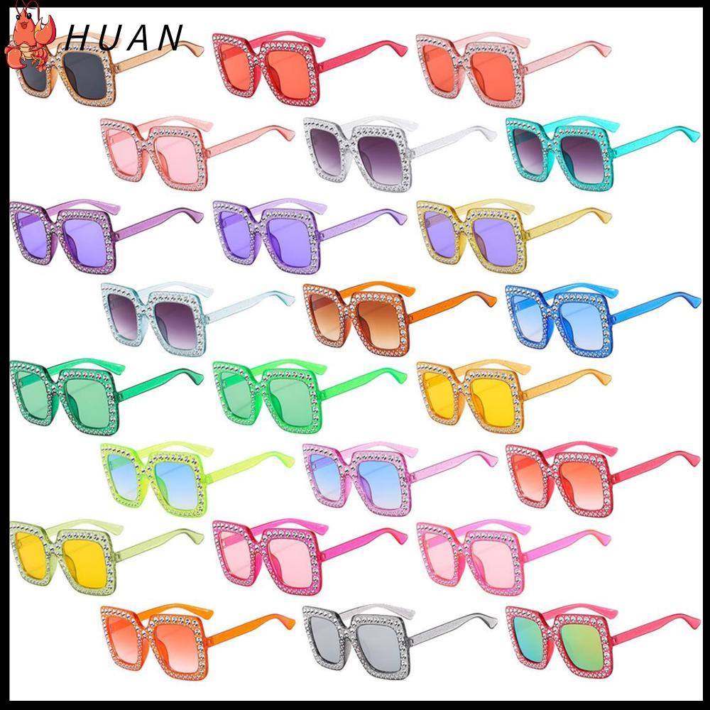 HUAN Khung lớn Kính râm ngoại cỡ pha lê Hình vuông Lấp lánh Kính mắt Hợp thời trang Bảo vệ UV400 Kính râm  cương Phụ nữ