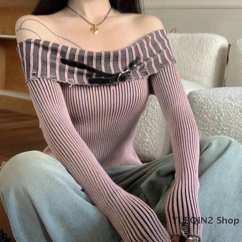 YUEQIN2 Shop Áo mùa thu dáng ôm ngắn tay ôm sát một bên vai phong cách Pháp