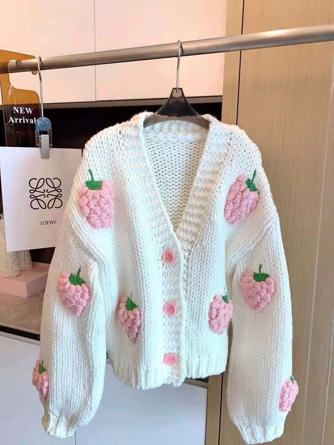 Dâu Tây Móc Hoa Áo cardigan dệt kim cho phụ nữ 2024 mùa thu Slouchy Loose-Fitting áo khoác áo len Áo Cardigan nữ