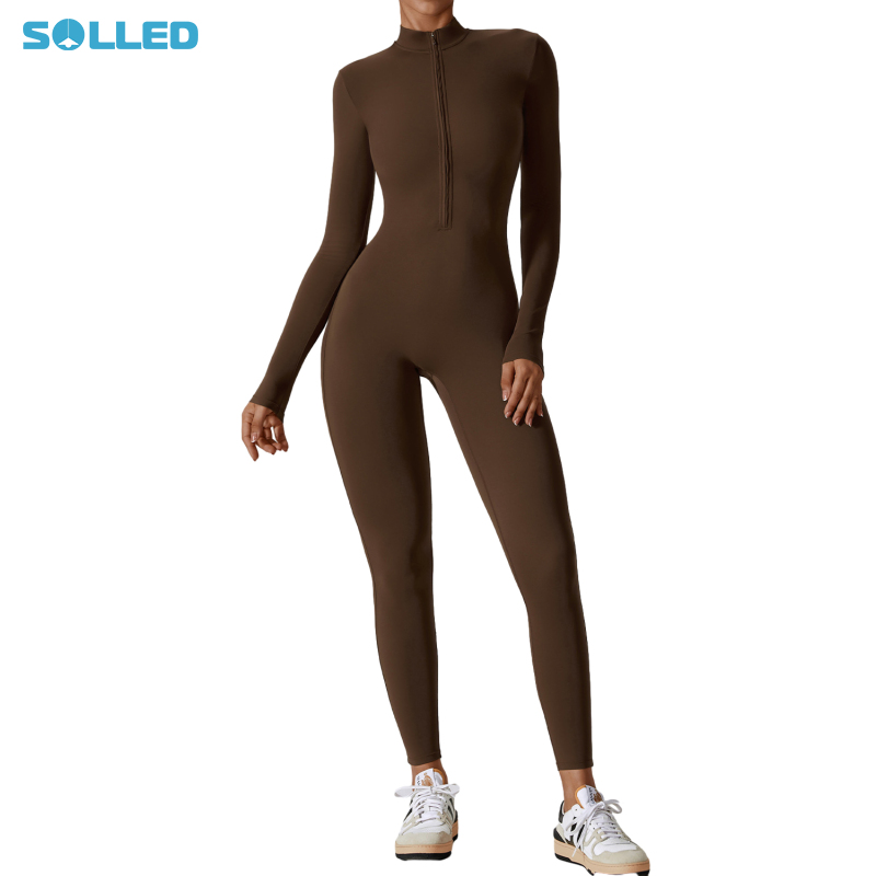 Women Yoga Jumpsuits Ribbed Long Sleeve Zip Front Full Bodysuits Sport Jumpsuits Pullover Workout Jumpsuits ราคา 610 บาท*ส่งฟรี