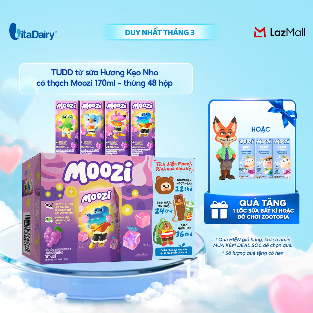 Thức uống dinh dưỡng từ sữa Hương Kẹo Nho có thạch Moozi 170ml - Thùng 48 hộp