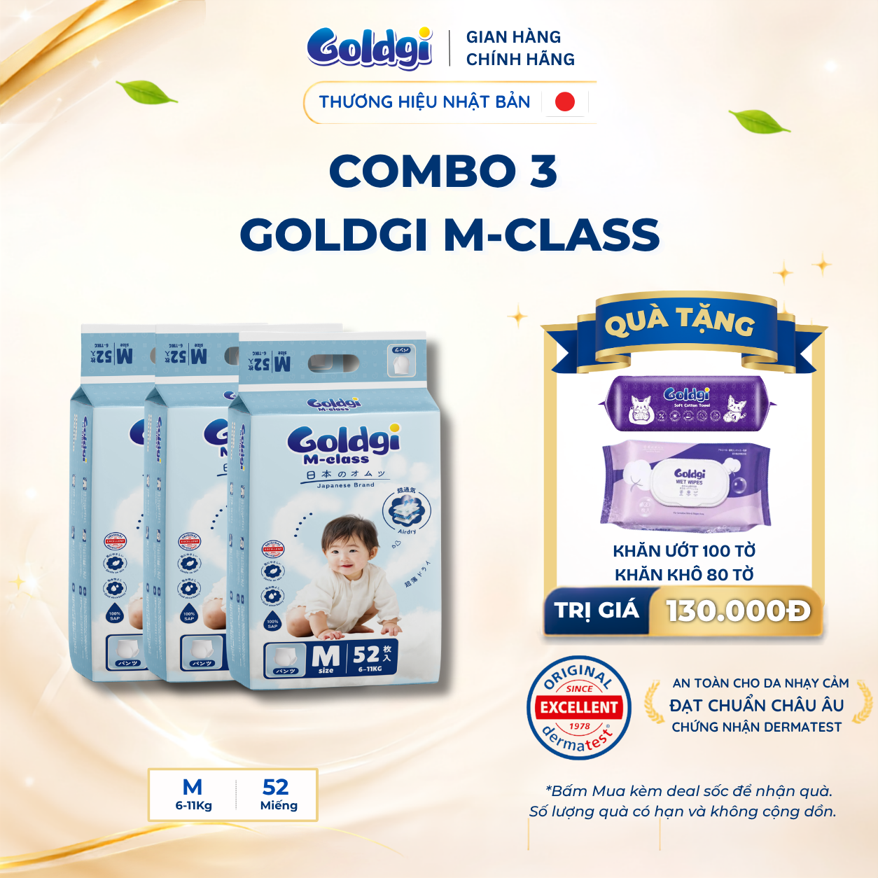 COMBO 3 Bỉm quần Goldgi M-class mỏng nhẹ, siêu khô thoáng hạ nhiệt cho mùa hè đủ size chính hãng