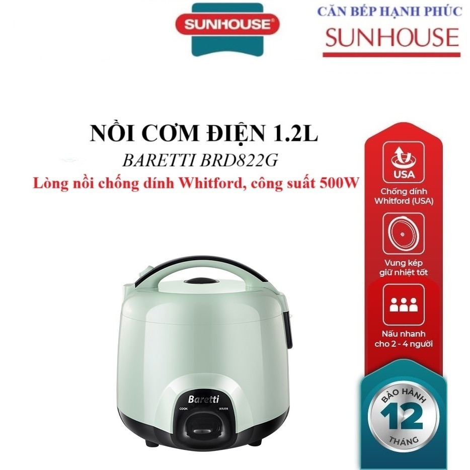 Baretti Brd822G 1.2L Electric Rice Cooker, Whitford Non-Stick Coating, Usa, 500W Capacity, Genuine Sunhouse Warranty 12 Months - Thương hiệu Baretti Giá 535,000 Đồng*Miễn phí vận chuyển