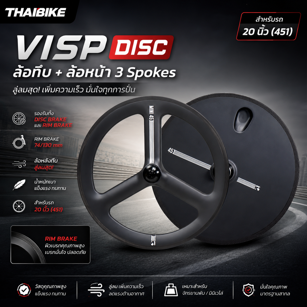 ชุดล้อ VISP DISC ทึบ + ล้อหน้า 3 Spokes | สำหรับรถ 20 นิ้ว (451) | รองรับทั้ง Disc Brake และ Rim Brake | ล้อหลังทึบ ลู่ลมสุด! ราคา 23,787 บาท*ส่งฟรี