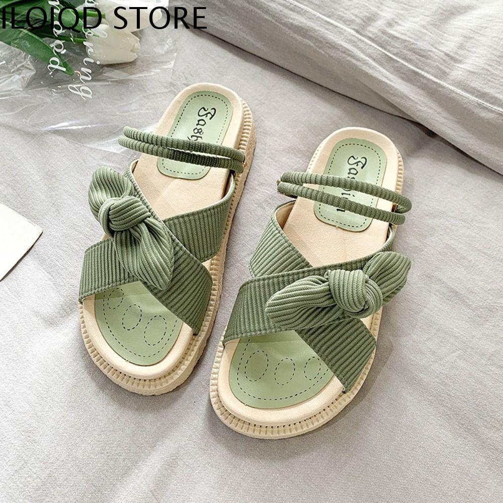 ILOIQD 2 trong 1 Dép đế dày Mùa hè Thanh lịch Dép có nơ Ngọt ngào Giày Nữ Dép đi biển Cô gái
