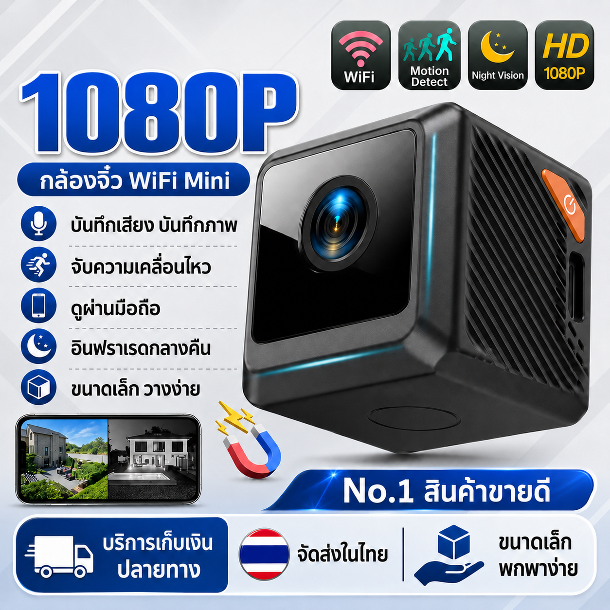 【รับประกัน 5 ปี】กล้องจิ๋ว mini ไวไฟในตัว ไร้สาย 8K HD ดูผ่านมือถือ การมองเห็นตอนกลางคืนแบบอินฟราเรด มองเห็นกลางคืนชัดเจน เล็กง่ายต่อการวาง กล้องวงจรปิด wifi กล้องมินิ กล้องวงจรปิดขนาดเล็ก กล้องแอบถ่าย กล้องจิ๋วแอบดู กล้องจิ๋วไร้สาย mini กล้อง ราคา 220 บาท*ส่งฟรี