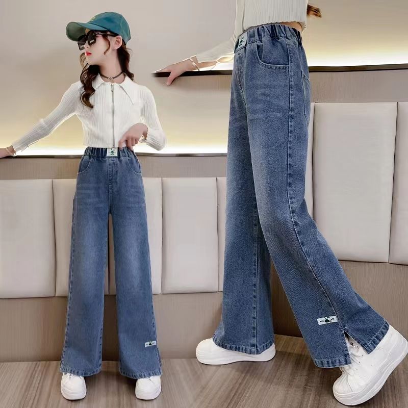 120-170 Quần jean ống rộng cổ điển cho bé gái quần denim eo cao Dây rút/Tua/xẻ/Thêu cho 2-16 tuổi