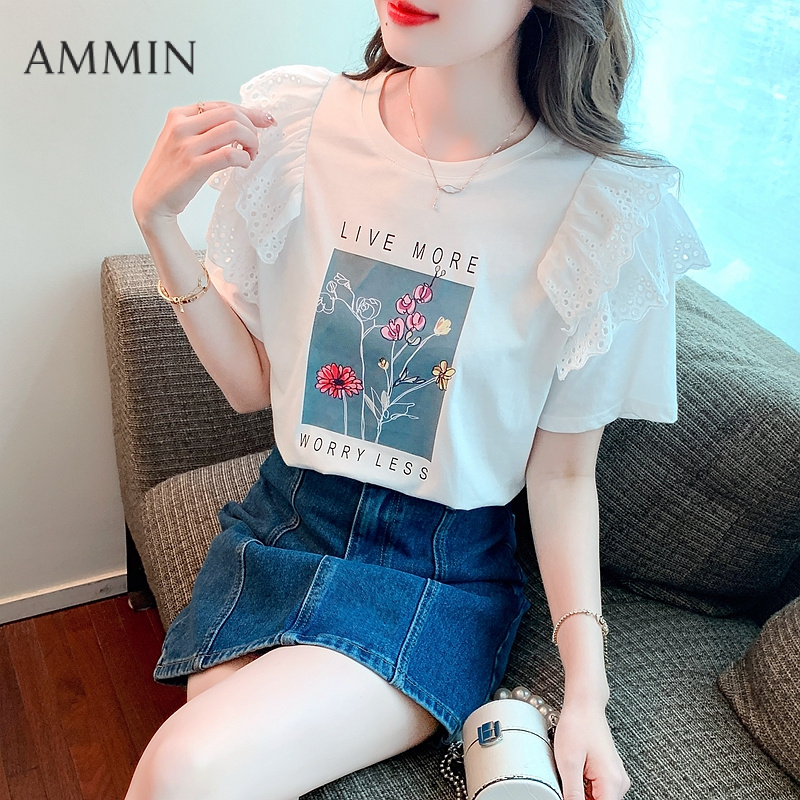 AMMIN Korean Style Simple round Neck Pullover Design Lace Ruffled Stitching Flying Short Sleeve T-shirt Women's Summer 2025 New Sweet Floral Printed Short Sleeve Elegant Blouse ราคา 347 บาท*ส่งฟรี