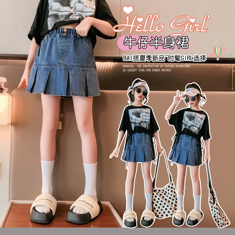 chân váy jean bé gái lớn GC5 size130-170 25-45kg chân váy bò xếp li bé gái size đại quần áo trẻ Em hàng quảng châu