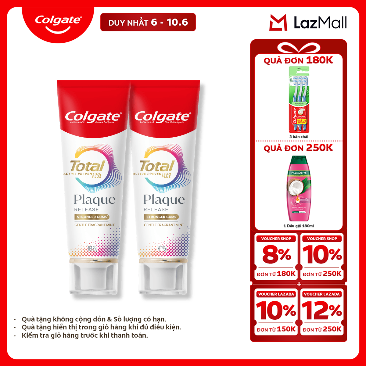 [Chỉ 6-10.6_X2 Voucher giảm 22%] Kem đánh răng Colgate Total Plaque Release 95g/tuýp giúp khỏe nướu, ngăn mảng bám hiệu quả gấp 3 lần