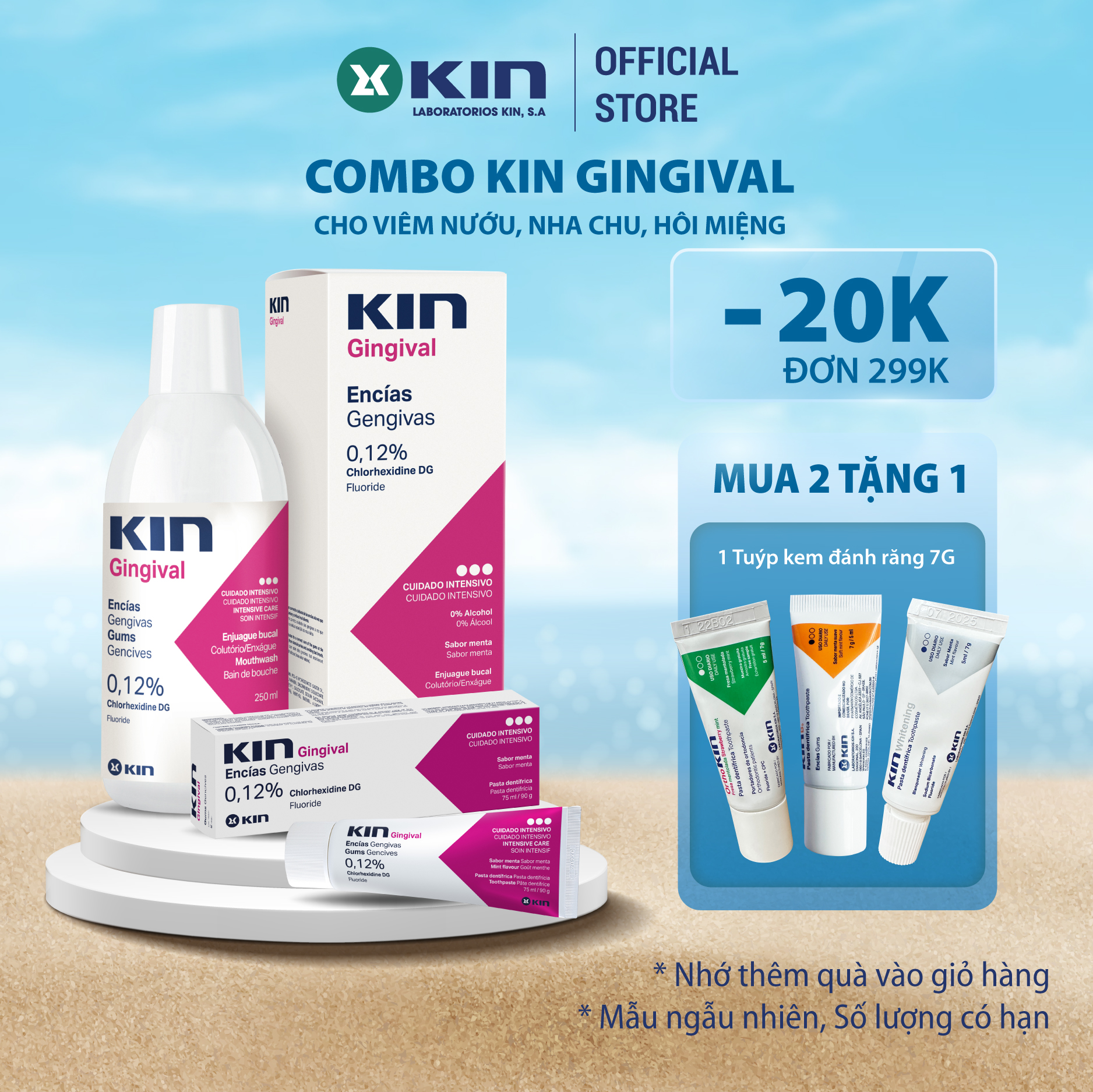 Combo nước súc miệng và kem đánh răng kin gingival dành cho viêm nướu, hôi miệng, chảy máu chân răng, 250ml/75ml