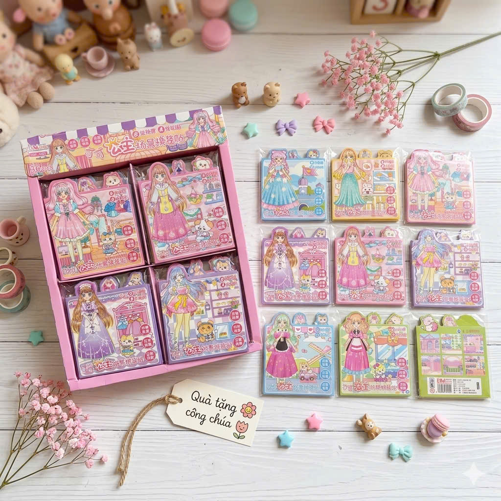 SÉT 4 XẤP STICKER BÓC DÁN BÚP BÊ THAY QUẦN ÁO / THAY ĐỒ CÔNG CHÚA / THAY TRANG PHỤC 3D SẴN HCM