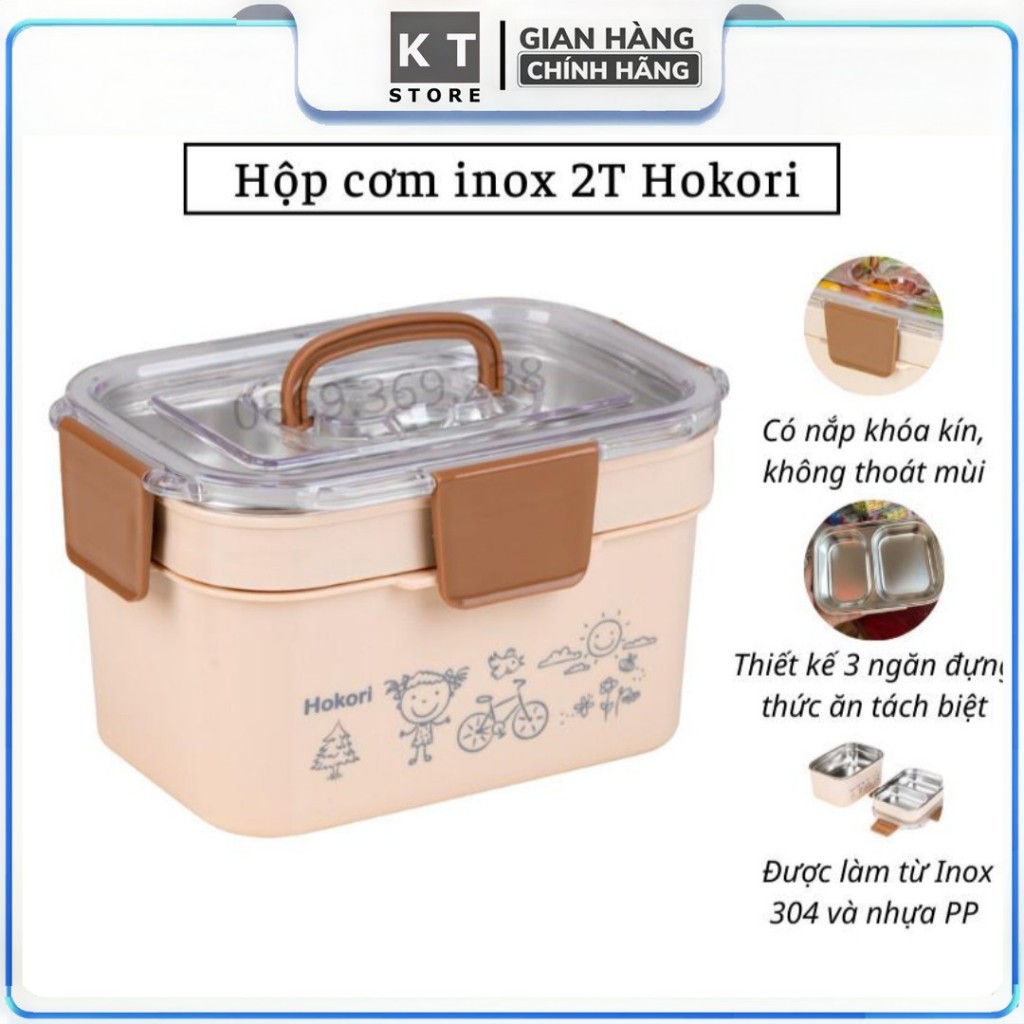 Hộp Đựng Cơm Inox 2 Tầng Giữ Nhiệt HOKORI – Hộp Cơm Văn Phòng Cao Cấp - Nhỏ Gọn, Tiện Lợi